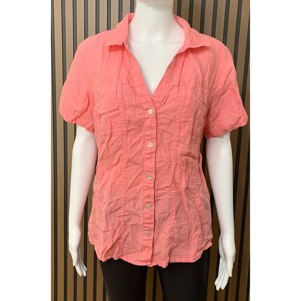 Tommy Bahama Women's Coral Pink 100% Linen Short Sleeve Button Down Shirt Large